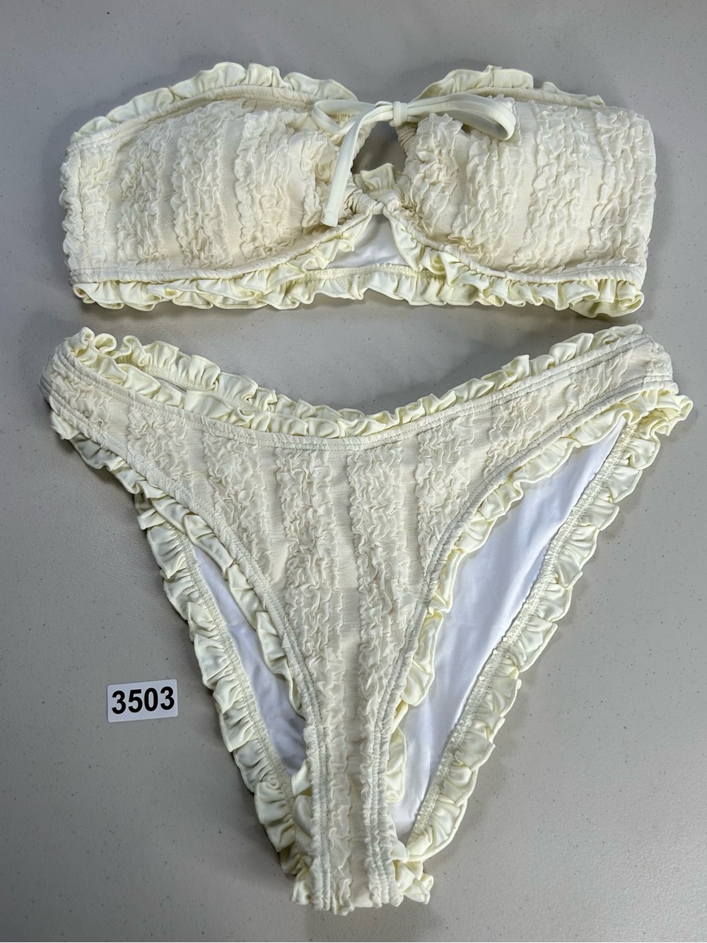 Samiol Bikini Set Large Off White Hollow Binding Ruffles Strapless